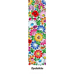 This is an Opole region pattern printed on a bookmark with a white background. Back of the bookmark includes a map of Poland and an explanation in English and Polish about this pattern.