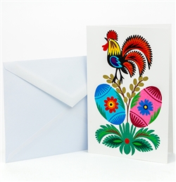 This beautiful note card is entirely hand made in Lowicz, Poland. The paper cut is glued to the card. Suitable for framing. Mailing envelope included. No text inside. Hand made so colors and designs vary. Size is approx 4" x 6". Note: Design varies