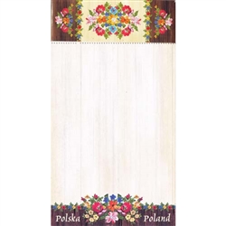 Perfect to hang on a refrigerator or lay on a desk. 72 sheet color note pad decorated in a Polish paper cut design (wycinanka) from the Lowicz region of Poland. Size 4.25" x 7.5". Large magnet on the back. These make great gifts for crafters, paper cut