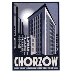 Chorzow, Polish Tourist Poster designed by artist Ryszard Kaja in 2018. It has now been turned into a post card size 4.75" x 6.75" - 12cm x 17cm. 
This is a nod to the neighborhood street bands in this city.