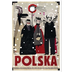 Post Card: Polska-Kolednicy, Polish Tourist Poster, Polish Tourist Poster designed by artist Ryszard Kaja. It has now been turned into a post card size 4.75" x 6.75" - 12cm x 17cm.