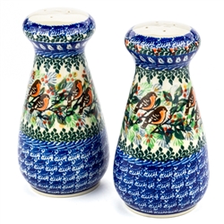 Polish Pottery 6" Salt and Pepper 2 Pc Set. Hand made in Poland. Pattern U2649 designed by Maria Starzyk.