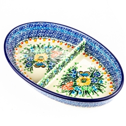Polish Pottery 11" Oval Divided Dish. Hand made in Poland. Pattern U3727 designed by Teresa Liana.