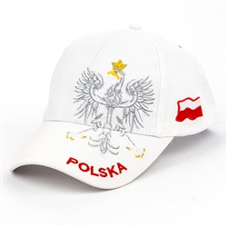 Stylish white cap with silver and white thread embroidery. The cap features a silver Polish Eagle with gold crown and talons. Features an adjustable cloth and metal tab in the back. Designed to fit most people.