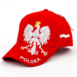 Stylish red cap with silver and white thread embroidery. The cap features a silver Polish Eagle with gold crown and talons. Features an adjustable cloth and metal tab in the back. Designed to fit most people.