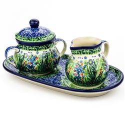 Polish Pottery 9.5" Sugar Bowl & Creamer Set. Hand made in Poland. Pattern U4332 designed by Krystyna Dacyszyn.