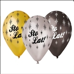 Sto Lat Party Balloons Set of 6. 3 assorted colors. Size approx 13". Helium quality.  Not for children under 3 years old.