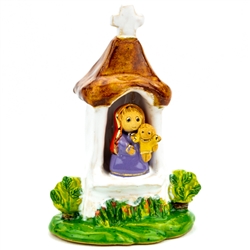 The Polish countryside is home to numerous wayside religious shrines.
Here is our artist's delightful rendition of one dedicated to Mary and Child. Hand made and painted by Polish folk artists Anna and Rajmund Kicman.