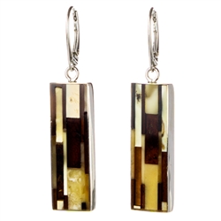 Beautiful set of dangle earrings, consisting of a mosaic of amber stones set in silver with a European clip attachment. Size approx 2" x .5".
&#8203;No two are exactly alike.