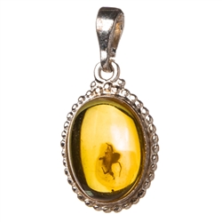 Beautiful oval shaped sterling silver amber pendant highlighting an insect inclusion. Size is approx 1" x .7". Product of Lithuania..