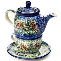 Polish Pottery 16 oz. Personal Teapot Set. Hand made in Poland. Pattern U2649 designed by Maria Starzyk.