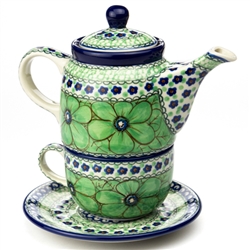 Polish Pottery 16 oz. Personal Teapot Set. Hand made in Poland. Pattern U408A designed by Jacek Chyla.
