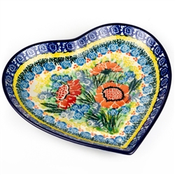 Polish Pottery 7" Heart Shaped Dish. Hand made in Poland. Pattern U4076 designed by Maria Starzyk.