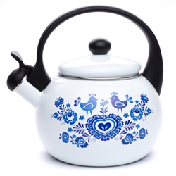 This beautiful kettle is made of high quality enamel steel which is solid and durable. The product has a Soft Touch handle, and a safe whistle, designed for all types of cookers.