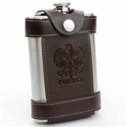 The 8oz. stainless steel hip flask is enclosed in a brown leather holder that is emblazoned with the Polish Eagle and the word Polska. Leather holder comes with a holder to fasten to your belt.