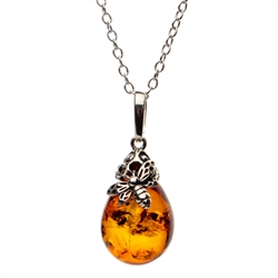 Sterling Silver Honey Bee Necklace Above Amber Drop