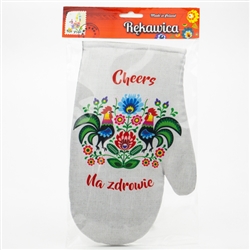 Colorful oven mitt featuring Lowicz roosters. Na Zdrowie is the Polish toast meaning To Your Health!
Mitt has a magnet in the cuff for hanging.