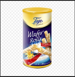 Crispy and delicious wafer cookie filled with vanilla cream. They are a prefect match plain with ice cream or as a snack with coffee or tea. Packaged in a sturdy cardboard tube.