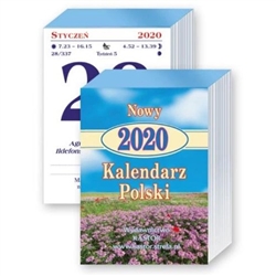 This is a traditional Polish tear off calendar. 736 pages size 3" x 4.25".  Each day list the names of the saints for that day, the time of sunrise and sunset, the day of the year and famous quotes.  On the reserve side are either recipes or interesting