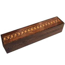 This stylish box was designed to fit standard knitting supplies. The box is long enough to fit needles up to 14 in length and has a removable tray for supplies such as scissors, markers, crochet hooks, etc.  Interior length is 14.5" long.  Removable inter