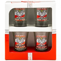 A set of four shot glasses decorated with the Polish eagle on the flag of Poland. Polska and Poland inscriptions above and below the eagle.The set is packed in a decorative and sturdy gift box featuring the Polish national colors, red and white.