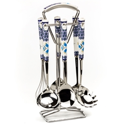 Collectors of Polish stoneware will enjoy this unique utensil set. Includes holder and 6 utensils as pictured. Total size is approx 15" x 7.5' x 5".