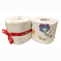 Polish Folk Motif Toilet Paper. Three ply. We wrap each roll in opaque tissue paper and tie it with a Polish ribbon. Made In Poland. Price is per roll.