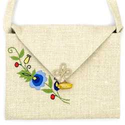 Handmade linen purse with an extra long shoulder strap embroidered with a traditional Kashubian floral design.