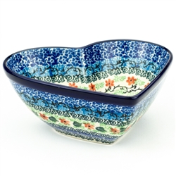 Polish Pottery 7" Heart Shaped Bowl. Hand made in Poland. Pattern U4037 designed by Teresa Liana.