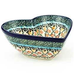 Polish Pottery 7" Heart Shaped Bowl. Hand made in Poland. Pattern U2124 designed by Teresa Liana.