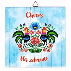 This charming wall decor tile will surely brighten up your kitchen. Approx 6" square with a thin cork backing and its own hanger.  We don not recommend its use as a trivet due the the thin backing.  Made in Poland.