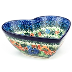 Polish Pottery 7" Heart Shaped Bowl. Hand made in Poland. Pattern U3995 designed by Teresa Liana.