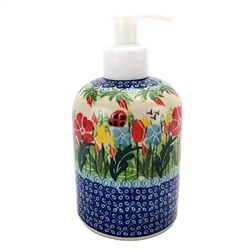 Polish Pottery 5.5" Soap/Lotion Dispenser. Hand made in Poland. Pattern U3784 designed by Krystyna Dacyszyn.