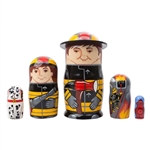 Fireman Doll is just the character to quench the desire of many a young lad who'd like a special nesting doll of his own. This 5 piece doll set features 2 fireman, a fire, their trusty Dalmatian, and a fire hydrant. A special 3-D hat rim on the top doll a