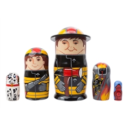 Fireman Doll is just the character to quench the desire of many a young lad who'd like a special nesting doll of his own. This 5 piece doll set features 2 fireman, a fire, their trusty Dalmatian, and a fire hydrant. A special 3-D hat rim on the top doll a