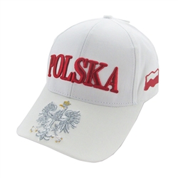 Stylish white cap with silver and white thread embroidery. The cap features a silver Polish Eagle with gold crown and talons. Features an adjustable cloth and metal tab in the back. Designed to fit most people.