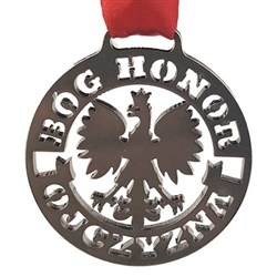 Bog, Honor, Ojczyzna  - God, Honor, Country frame the Polish Eagle cut out of stainless steel and suspended from red Polish Christmas ribbon (Wesolych Swiat - Happy Holidays) Ornament size is approx 1.75" x 1.7" x .125". Made In Poland