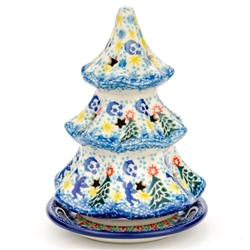 Polish Pottery 6.25" Votive Christmas Tree. Hand made in Poland. Pattern U4173 designed by Jolanta Okraska.