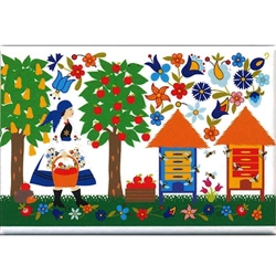 A Polish paper cut scene of a Kashub maiden in the orchard picking apples.  This magnet is about the size of a business card, is non-flexible with a strong magnet.