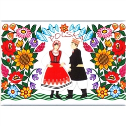 A Polish paper cut scene of a Zalipie couple in traditional costume. This magnet is about the size of a business card, is non-flexible with a strong magnet.