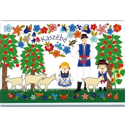 A Polish paper cut scene of a Kashub farmer and children in the orchard. This magnet is about the size of a business card, is non-flexible with a strong magnet.