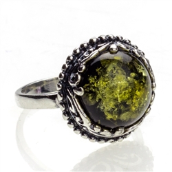Green Amber - Sterling Silver 'Regal' Ring. Size approx. .75" round.