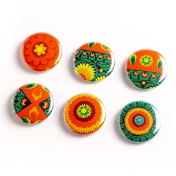 These small pinback buttons are bright and colorful, featuring traditional Polish folk designs. We make these buttons in house, a Polish Art Center exclusive! Set of 6 buttons.