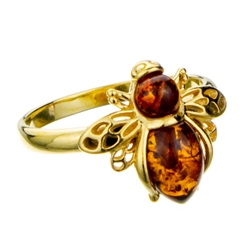 Gold Plated Silver and Amber honey bee resting on a gold plated silver band.  Honeybee is approx .5" x .6".
