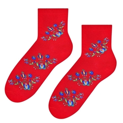 Folk is in fashion and these beautiful Polish hosiery featuring a traditional Kaszubian floral design on a red background. Made in Lowicz, Poland.