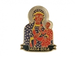 Gilded metal lapel pin of Our Lady of Czestochowa above the name of the monastary in which the original icon is displayed - Jasna Gora. Tie-tack back.  Size is approx 1.1" x .75".