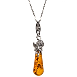 "Butterfly Magic" Sterling Silver Necklace With Honey Amber Drop