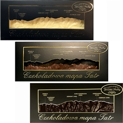 Handmade in Southern Poland this is a chocolate bar formed into a map of the Polish Tatry Mountains. Available in milk or white chocolate.  Height and names of 7 of the most famous mountains are listed on the box cover directly over their location