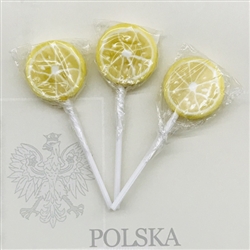 Lemon fruit flavored lollipops, each individually wrapped. Made In Poland