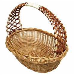 Poland is famous for hand made willow baskets. This model is a beautifully woven lattice work handle using 2 shades of willow  Beautifully crafted and sturdy, these baskets can last a generation.  Perfect for Easter,